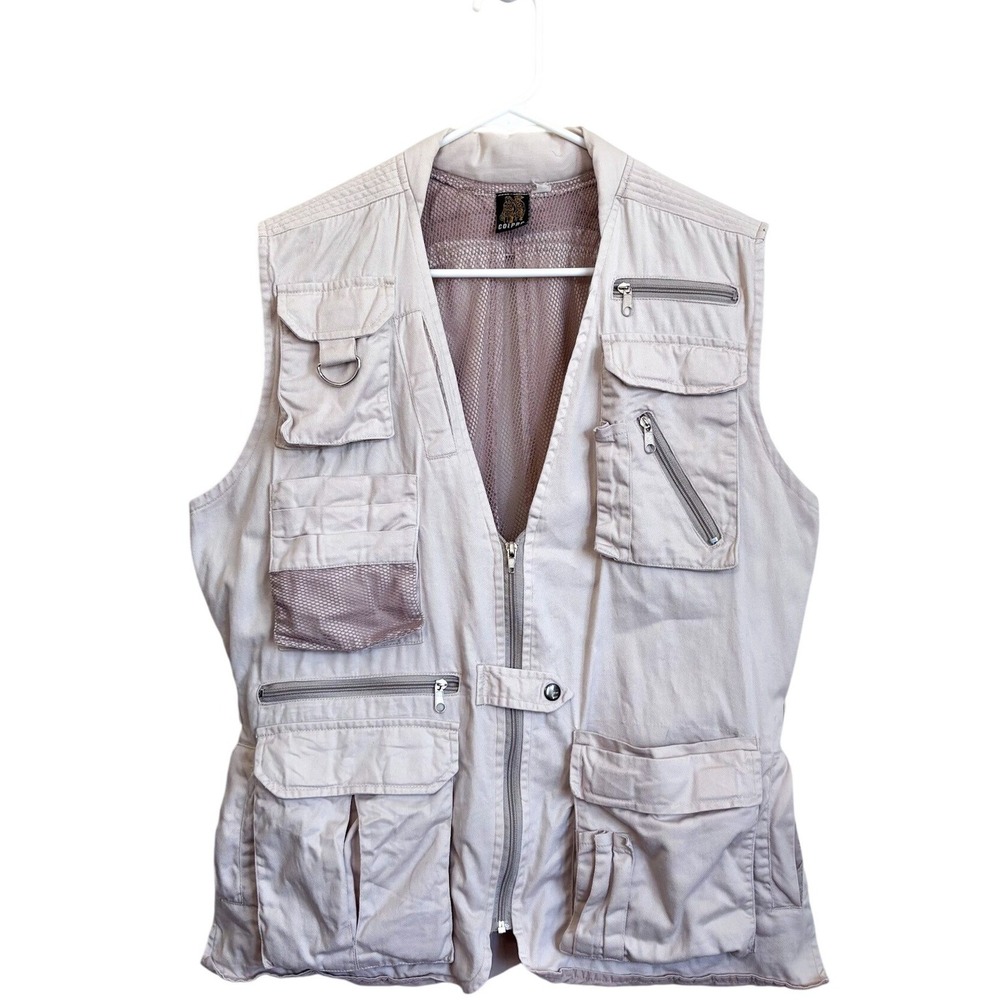 Vintage Colpro Mens Utility Vest Large Tan Fishing Pockets Mesh Outdoor Gorpcore